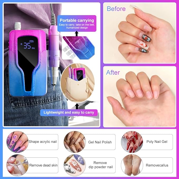 ANRLO Professional Electric Nail Drill, 45000 RPM Cordless Rechargeable E-File Machine, with 12 Bits, Sanding Bands, LCD Display for Acrylic Gel Nails (DMJ-BLY-P40-Purple)