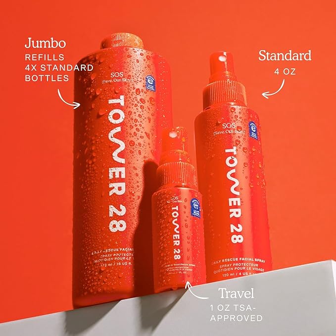 Tower 28 SOS Daily Rescue Spray Duo for Sensitive Skin, Hypochlorous Acid Spray Helps Reduce Redness and Breakouts, Full Size and Travel Size