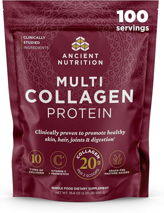 Ancient Nutrition Collagen Peptides Powder, Multi Collagen Protein, Women & Men, Vitamin C, Probiotics, Hydrolyzed Collagen, Supports Skin, Joints, Gut Health, Unflavored, 100 Servings