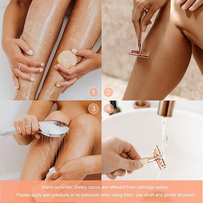 Double Edge Safety Razor with Stand, Single Blade Razors for Women, Reusable Metal Razor, with 10 Stainless Steel Double Edge Blades, Smooth and Close Shave, Plastic Free, Matte Rose Gold