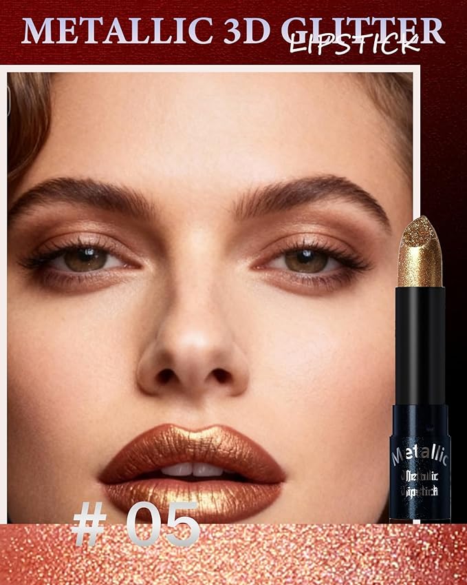 Glitter Metallic Lipstick for Women,Long Lasting Shimmer Sparkling Diamond Lipstick Glitter High Pigmented Lip Gloss Metallic Matte Nude Red Lip Color Stain Waterproof,Non Stick Lips Makeup-05