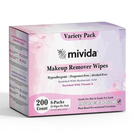 mivida Hypoallergenic Makeup Remover Wipes, Variety Box of 200 Wipes (8x25) 4 Packs with Vitamin E + 4 Packs with Hyaluronic Acid, Fragrance Free,Travel Size Plant-Based make up wipes