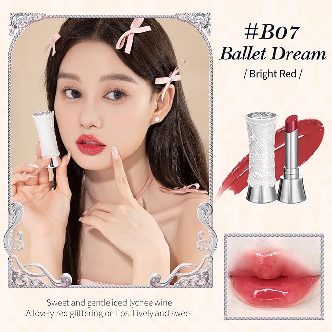 Flower Knows Swan Ballet Shine Lipstick,Hydrating Solid Lip Gloss,Moisturizing Red Tinted Lip Balm-Long Lasting Lip Gloss in Balm for Girls&Women(B07 Ballet Dream)