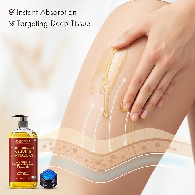 Majestic Pure Firming Body Massage Oil with Collagen – Helps Smooth The Appearance of Cellulite & Improve Skin Texture – Refreshing Aromatherapy Body Oil for Legs & Full Body – 8 Fl Oz, with Roller