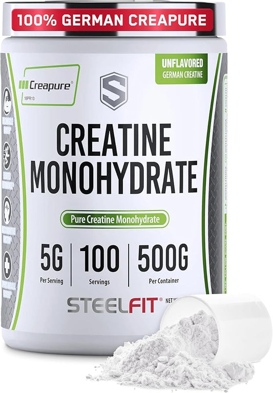 SteelFit Creapure Creatine Monohydrate Powder, Unflavored - German Micronized Creatine Powder for Men & Women - Gym Workout Nutritional Supplements for Muscle Gain, Brain Health & Strength Building