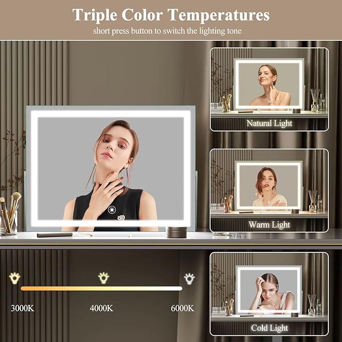 Ligheted Vanity Mirror with Lights, 14" x 12" LED Makeup Mirror, 3 Modes Light, Smart Touch Control Dimmable, 360°Rotation, Rectangle White Frame