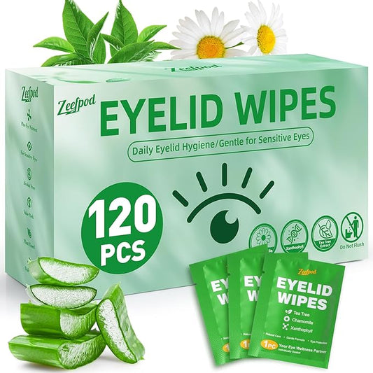 120PCS Tea Tree Oil Eyelid Wipes – Individually Wrapped Eye Lid Cleaning Wipes，Soothing For Sensitive Eyes, Stay Hydrated Lid Wipe