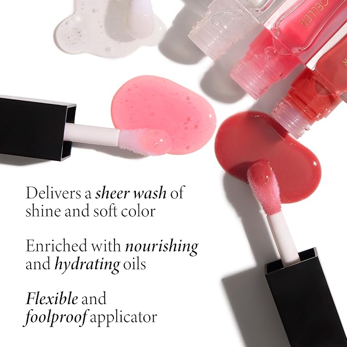 LAURA GELLER NEW YORK Fine Shine Glossy Lip Oil, Beachy Peach - Hydrating Squalane - Soft Coral Lip Gloss