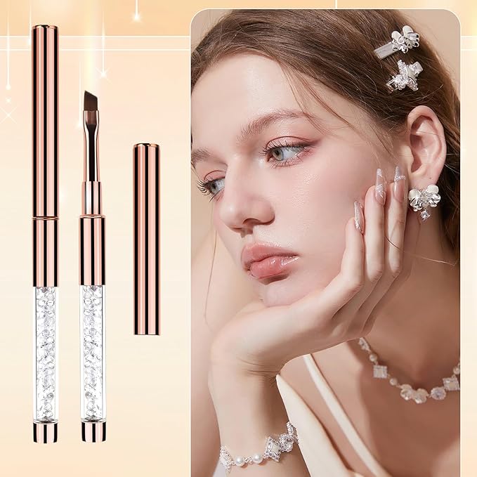 Builder Gel Brush 2Pcs Oval UV Gel Nail Brush Rhinestone Handle Professional Nail Art Tools Nails Drawing Pen Gel-Brushes for Nails Rose Gold
