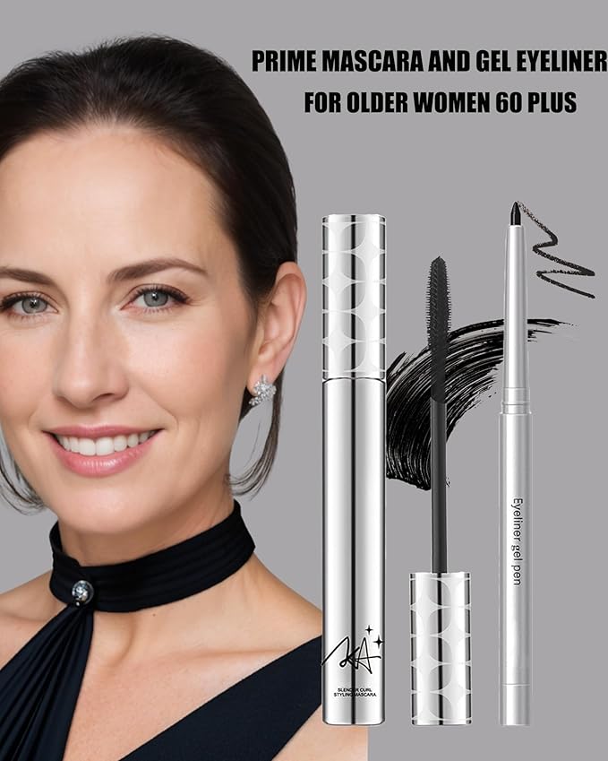 Brown Mascara and Waterproof Eyeliner Pencil Set for Older Women 60 Plus,Length and Volume Mascara for Mature Women,Retractable Eye Liner Matte Cream Waterline Eyeliner Makeup for Sensitive Eye-Set B