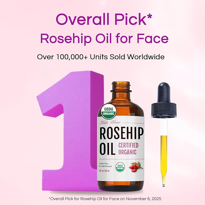 Kate Blanc Cosmetics Rosehip Oil for Face & Softer Glowing Skin (1oz, Organic, 100% Pure, Cold Pressed) Rosehip Seed Face Oil for Facial & Gua Sha Massage