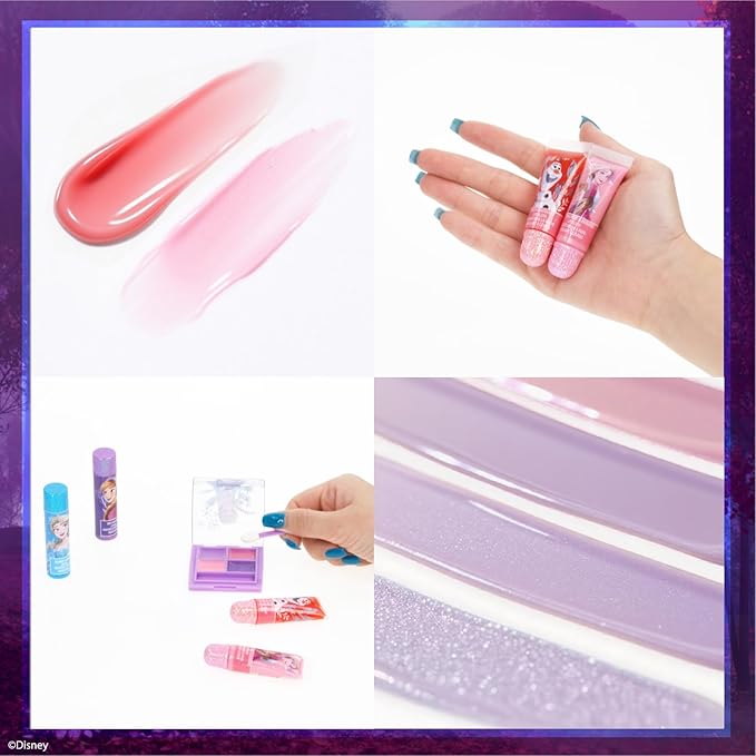 Disney Frozen Beauty Mini Train Case Set Includes Lip Gloss Tube, Lip Balm, Lip Gloss Compact for Girls,for Parties, Sleepovers by Townley Girl