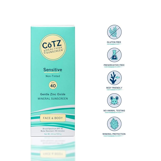 COTZ Sensitive Non-Tinted Zinc Oxide Mineral Sunscreen for Body and Face; Broad Spectrum SPF 40; 3.5 oz / 100 g
