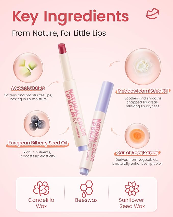 RUNBEN Kids Tinted Lip Balm, Jelly Berry Lipstick, 24H Moisturizing, Safe & Non-toxic Lip Gloss for Kids & Teen, Christmas Makeup Gift for Girls, 2g