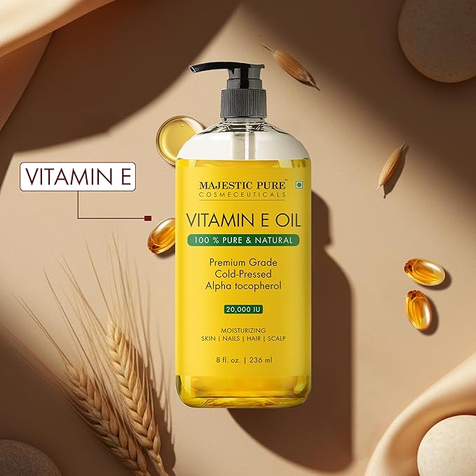 Majestic Pure Vitamin E Oil 8 Oz Vitamin E oil for Skin, Face Oil, Hair Oil and Body Oil- 100% Pure and Natural, 20,000 IU- Cold Pressed Hexane Free Non-GMO Gluten Free Formula