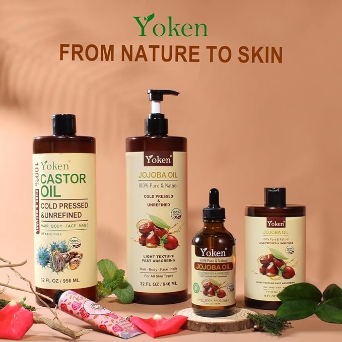 Yoken 4oz Jojoba Oil (EWG Verified) 100% Pure Cold Pressed Jojoba Oil for Face, Hair, Nails and Skin, Unrefined & Hexane Free, Natural Body Facial Moisturizer Multi-purpose oil Base Carrier Oil