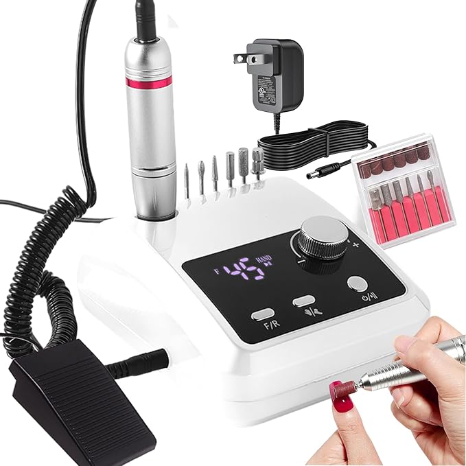 ANRLO Professional Electric Nail Drill, 45000 RPM Cordless Rechargeable E-File Machine, with 12 Bits, Sanding Bands, LCD Display for Acrylic Gel Nails (DMJ-204-White-US)