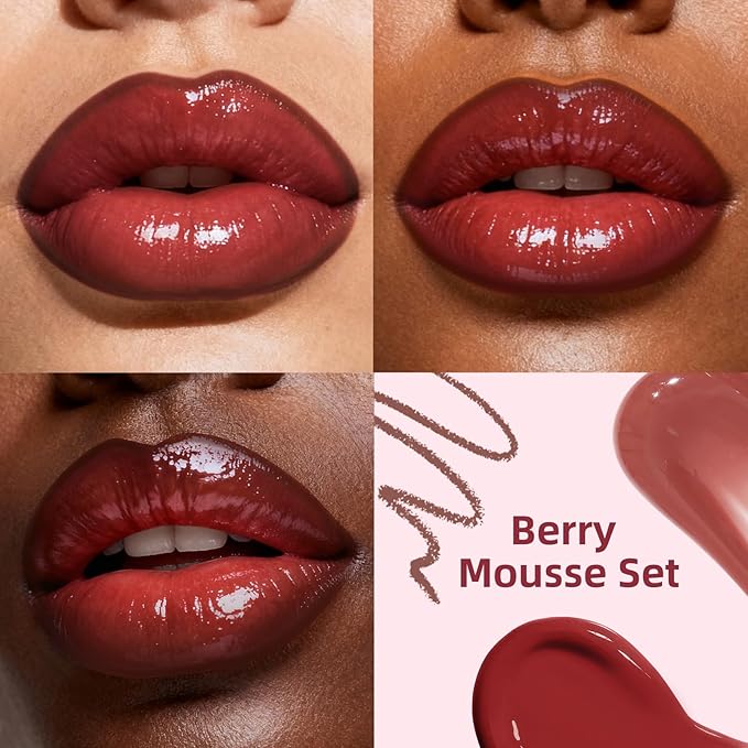 KIMUSE 3PCS Lip Combo Set - Matte Lip Liner Pencil + Hydrating Tinted Lip Balm + Juicy Lip Gloss Tint, Non-Sticky, Long-Lasting, High Pigment Lip Makeup Kit (Berry Mousse Set)