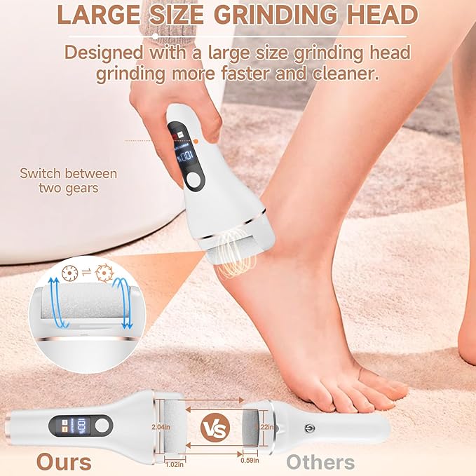 AdamPark Electric Foot File Callus Remover, Rechargeable Pedicure Tools Foot Care Kit, Portable Callus Remover Kit with 3 Roller Heads,2 Speed,Battery Display (White)
