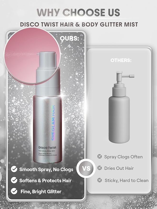 SHEGLAM Hair & Body Glitter Mist Spray - Shimmering Sparkle Makeup for Parties, Festivals, Cosplay, Halloween - Long Lasting, Non-Clogging, Easy Wash Off, 0.3 Fl Oz (Silver)