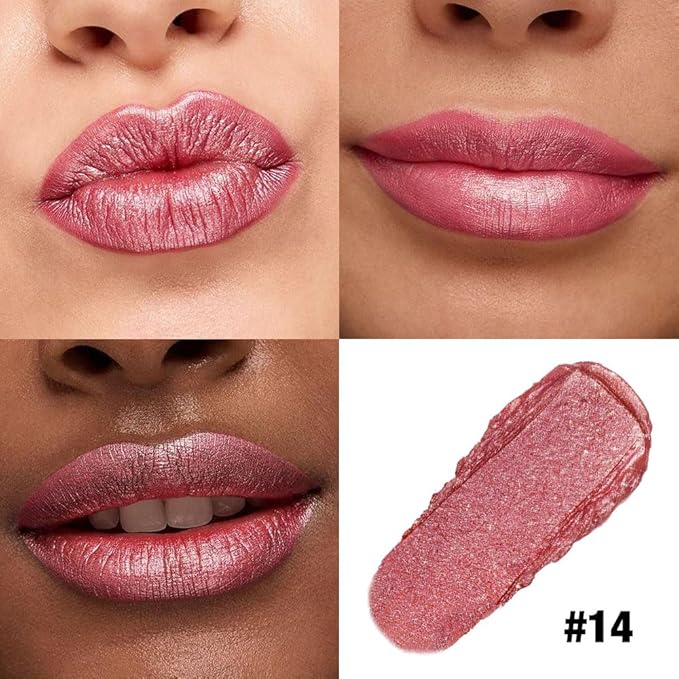Rose Red Shimmer Metallic Moisturizing Glow Plumping Lipstick Makeup, Lipstick with Metallic 3D Shine Lightweight Hydrating Formula, Glitter Lip Gloss Stain Long Lasting Waterproof (14#Rose Red)