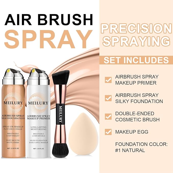 AirBrush Foundation Spray Set, Spray Foundation Makeup and Hydrating Face Air Primer Kit, Longwear Waterproof Liquid Matte Foundation Mist for Flawless Look (01 Natural)