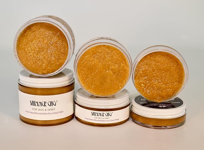 SHIMMER CHEF Sweet Almond Rosehip Brine Face & Body Polish | Fusion of Himalayan & Dead Sea Salt, Maple Sugar, Omega 3s & Vitamin E | Reveals Radiance, Elevates Mood with an Exquisite Fragrance | 3 oz