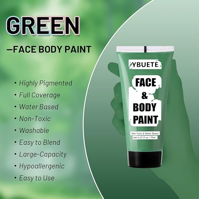 Green Water Based Face Body Paint for St. Patrick’s Day, 2.37 OZ Large Tube Full Coverage Face Paint for Cosplay Gamora Hulk Witch, Washable Green Body Painting Cream Adult Halloween SFX Makeup