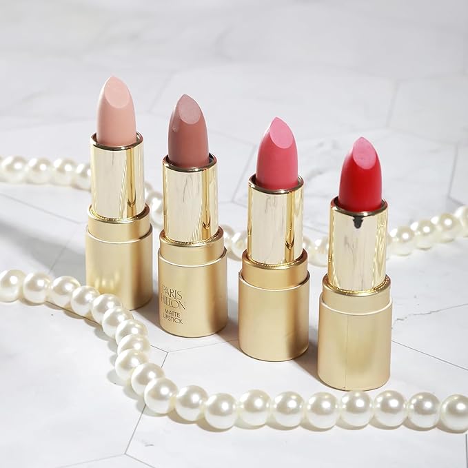 Paris Hilton Matte Lipstick Collection - Long Lasting Nude & Pink Lip Color with Full Coverage, Lightweight,Waterproof, Smudge Proof - Creamy, Hydrating & Velvety Lip Makeup for Women - 4 pcs Gift Set