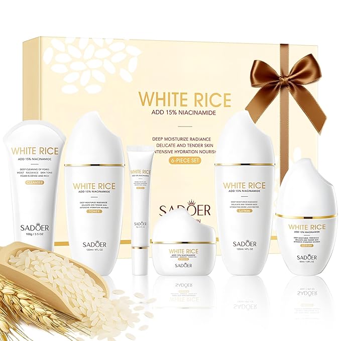 For SADOER Rice Niacinamide Skincare Set - 6 Piece Firming Skincare Kit with Cleanser, Toner, Lotion, Eye Cream, Face Cream & Serum for Daily Facial Care