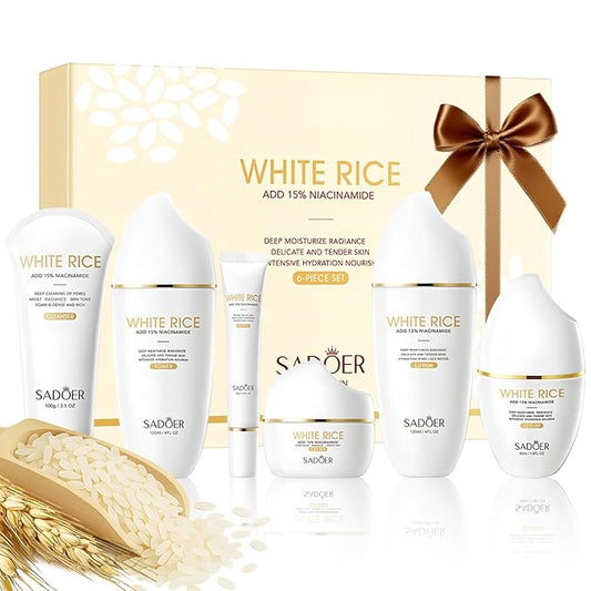 For SADOER Rice Niacinamide Skincare Set - 6 Piece Firming Skincare Kit with Cleanser, Toner, Lotion, Eye Cream, Face Cream & Serum for Daily Facial Care