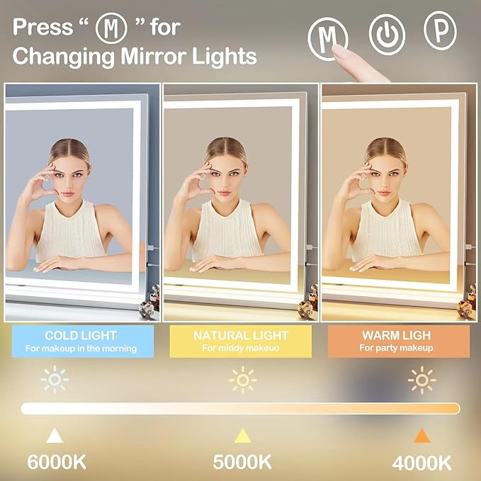 Makeup Vanity Mirror with USB Charging Port 28" x 22" Large LED Makeup Mirror, Desk Mirorr with Lights, Light up Mirror with 10X Magnification and, Dimmable 3 Modes, Touch Control White