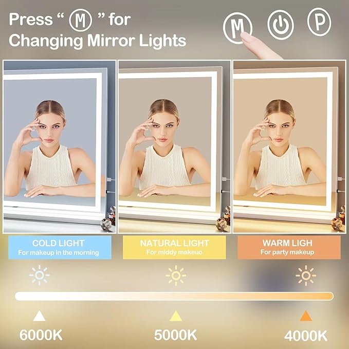 Makeup Vanity Mirror with USB Charging Port 24" x 19" Large LED Makeup Mirror, Desk Mirorr with Lights, Light up Mirror with 10X Magnification and, Dimmable 3 Modes, Touch Control Gold