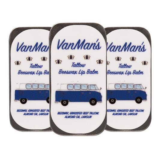 VanMan Beeswax Lip Balm Tine – Organic Tallow Balm with Grass-Fed and Finished Suet Beef Tallow, Sweet Almond Oil, and Lanolin – Hydrating Lip Moisturizer – Unscented – 3 Tin Pack