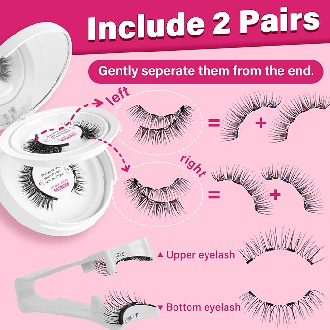 Magnetic Eyelashes with Applicator Reusable Magnetic Lashes 2 Pair 4 Magnets No Glue Needed False Eyelashes Waterproof,Cruelty Free,Easy To Wear(2 pair,Fondness+Pride)