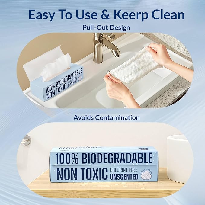 Clean XL Disposable Face Towels 11.8"×7.8", 100% Biobased Biodegradable Viscose, Ultra Soft & Hygienic Facial Towelettes for Makeup Removal and Skincare, Safe for All Skin Types, 360 Count, 6 Packs