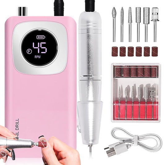 ANRLO Professional Electric Nail Drill, 45000 RPM Cordless Rechargeable E-File Machine, with 12 Bits, Sanding Bands, LCD Display for Acrylic Gel Nails (DMJ-V4-PINK-USB)