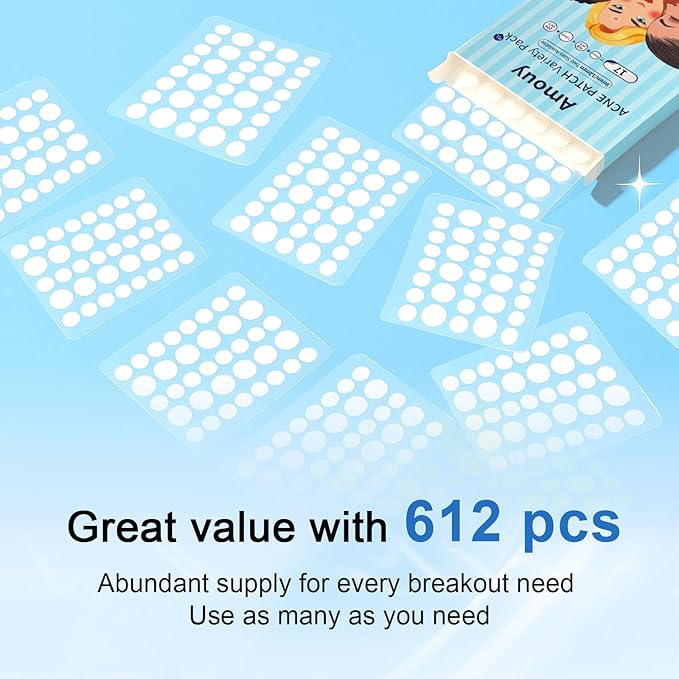 Amouy Acne Pimple Patch- 2 Sizes 612 Dots Thin & Thick Hydrocolloid Patches for Face with Witch Hazel, Tea Tree & Calendula Oil, Extra Adhesion Pimple Patches for Face Zit Patch Acne Dots