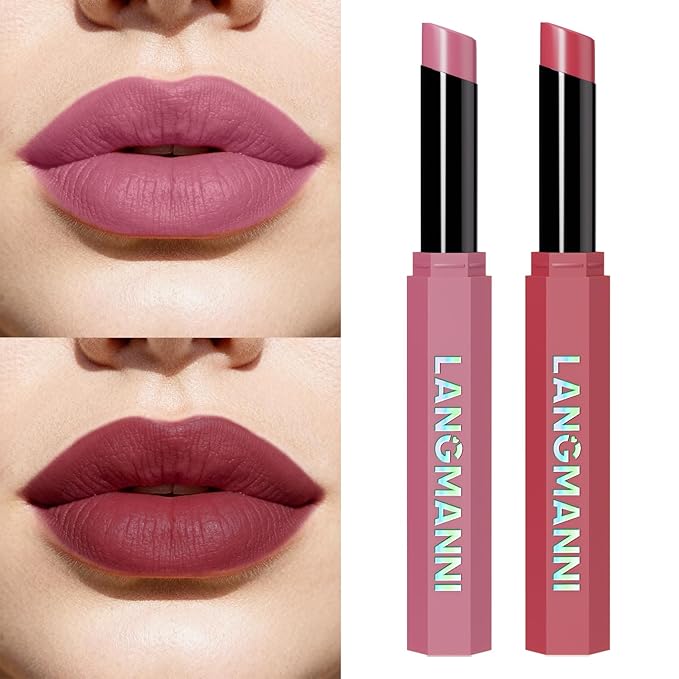 Jolilab 2Pcs Velvet Matte Lipstick Nude Matte Soft Dark Color Stick High Pigmented Long-Lasting Waterproof Lip Stick Lip Balm Beauty Cosmetics Gift for Women(#03+04)