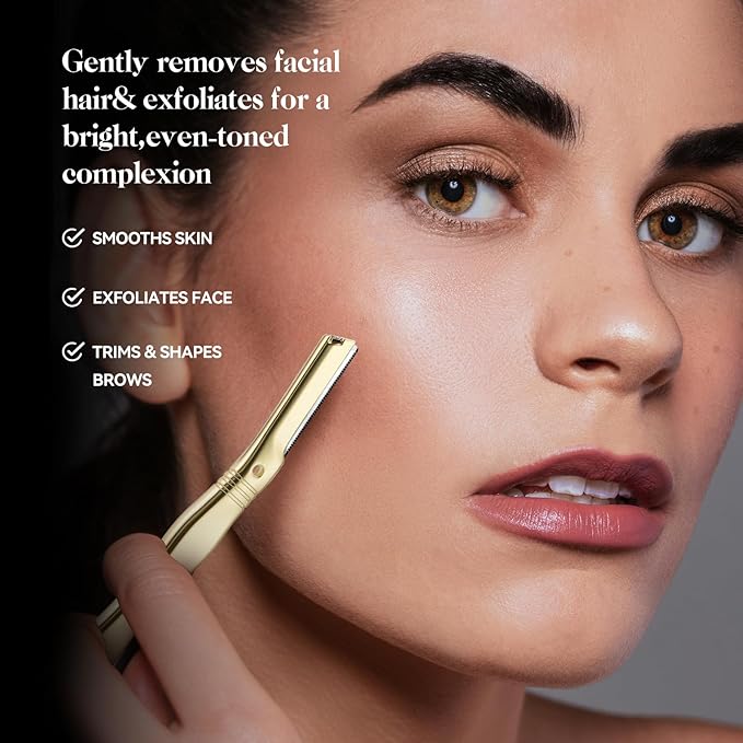 EROWZOLA Eyebrow Razor for Women and Men, Face Razors for Women, Dermaplane Razor with Protective Silicone Cover, Reusable Metal Handle with 6 Refill Blades, Skin Care Tool, Gold