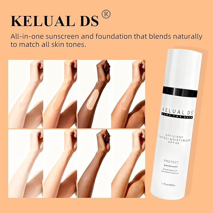 KELUAL DS Anti-Aging Tinted Face Moisturizer & Sheer Face Sunscreen SPF 46, Hydrating Skin Care & Sunscreen Moisturizer,1.7OZ/50ML