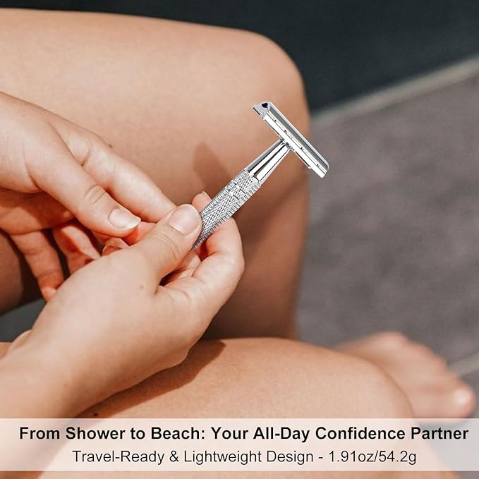 Shiny Silver Double Edge Safety Razor, Single Blade Razors for Men and Women, with 10 Stainless Steel Safety Razor Blades, Smooth Close Shaving, Plastic Free
