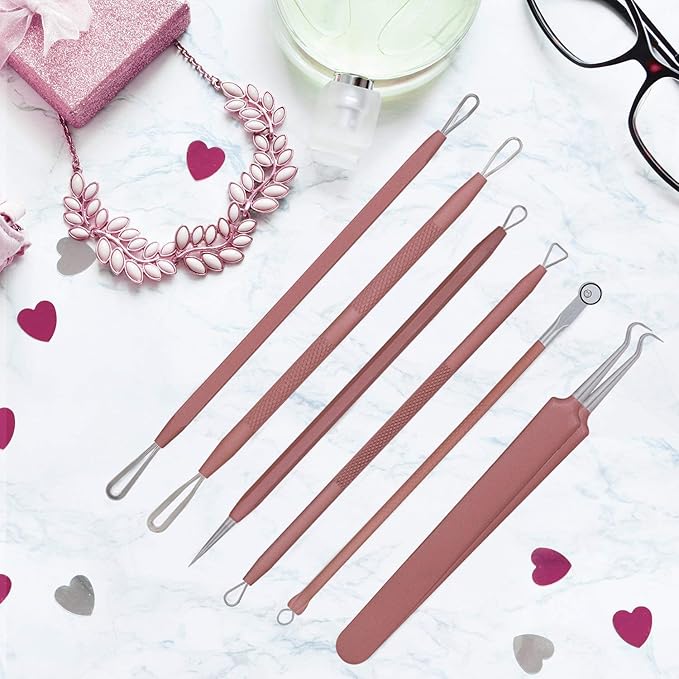 JPNK Blackhead Remover Tool Comedones Extractor Acne Removal Kit for Blemish, Whitehead Popping, 6 Pcs Zit Removing for Nose Face Tools with a Leather Bag (Pink)