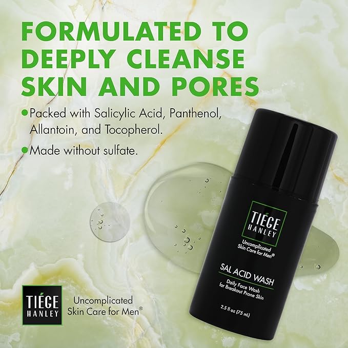 Tiege Hanley Salicylic Acid Cleanser for Men, Gentle Deep-Cleansing Face Wash for Acne-Prone Skin, Helps Remove Impurities & Control Oil, Refines Skin Texture & Pores, Men’s Skin Care, 2.5 FL Oz