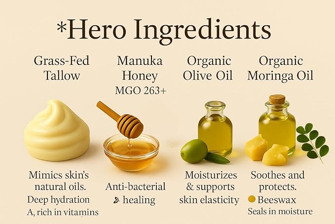 Azmera Beauty 100% Grass-Fed Beef Tallow Balm For Skin Manuka Honey MGO 263+, Organic Beeswax & Olive Oil – Handmade All-Natural Skincare for Soft, Smooth Skin (2oz, Unscented + Moringa oil)