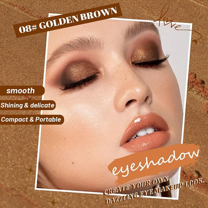Sparkly Eyeshadow Palette for Women, Single Monochrome Eye Shadow Makeup, Shiny Pressed Cream Powder, Blendable Natural sombras para ojos, Holographic,Vegan,Travel (08-Glitter-Gold Brown)