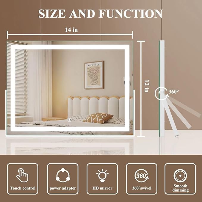 Ligheted Vanity Mirror with Lights, 14" x 12" LED Makeup Mirror, 3 Modes Light, Smart Touch Control Dimmable, 360°Rotation, Rectangle White Frame