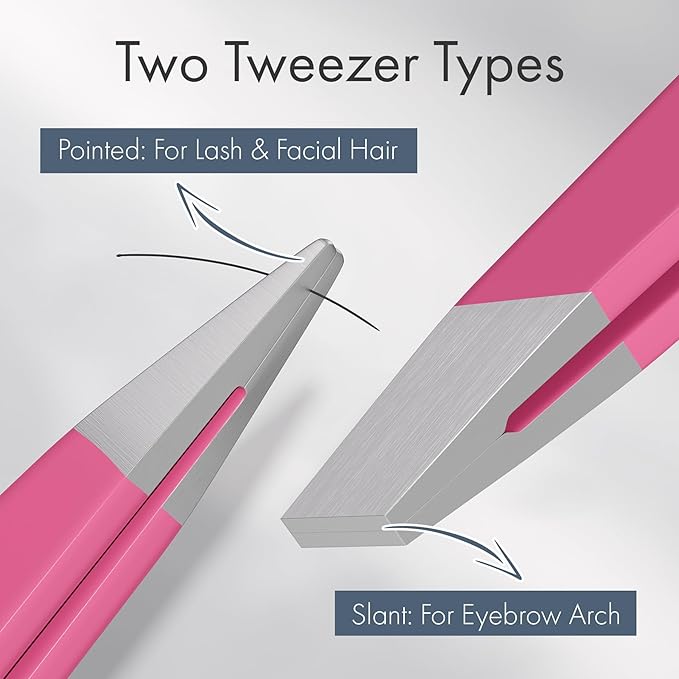 EZ2LIVE Tweezers for Women Facial Hair, Slant & Pointed Tweezers for Eyebrows, Ingrown Hair, Splinter Removal, 2 Pack Tweezer Set, Professional Stainless Steel Eyebrow Tweezers for Men and Women, Pink