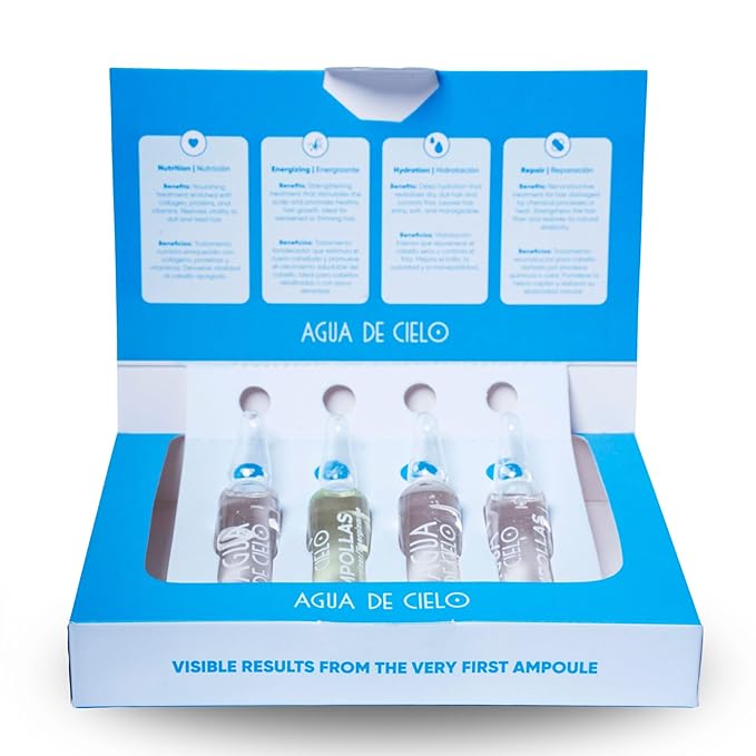 Agua de Cielo Hair Ampoules Set - Intensive Hair Treatment for Damaged Hair, Nourish, Hydrate, Repair & Growth - 4 Ampoules of 10ml