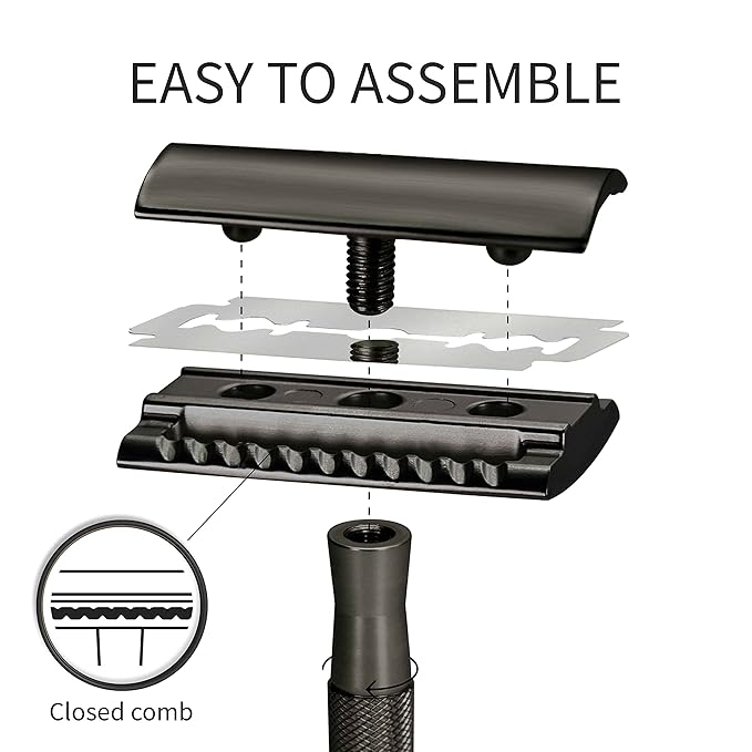 Bambaw Double Edge Safety Razor with 5 Safety Razor Blades, Single Blade Razor for Men with Razor Stand, Double Edge Razor, Safety Razors for Men - Black